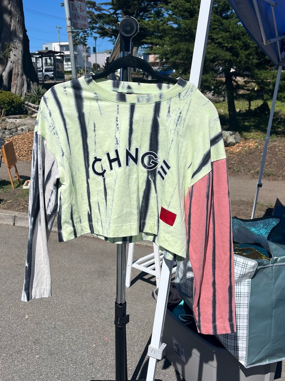 CHNGE Crop Top Size XS Green Pink Tie Dye Long Sleeve Boxy Oversized Tee Shirt
